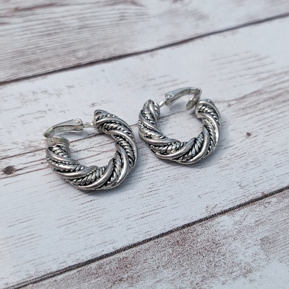 Vintage Clip On Earrings Silver Tone Twisted Rope Style Hoops - Some Tarnish - Picture 2 of 9